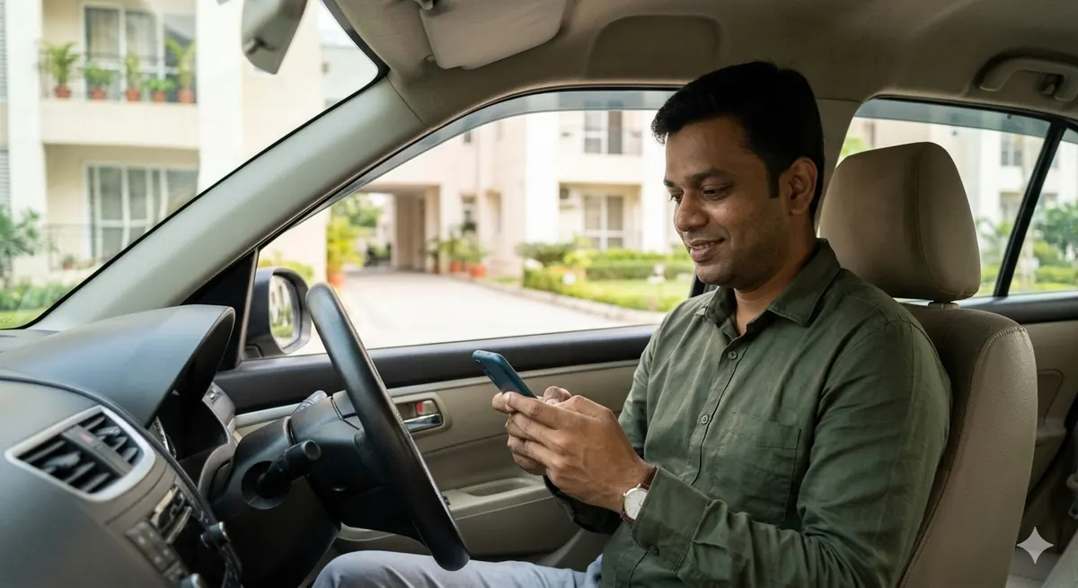 A property broker in his parked car outside a residential society, replying to an enquiry on his phone with a relaxed smile