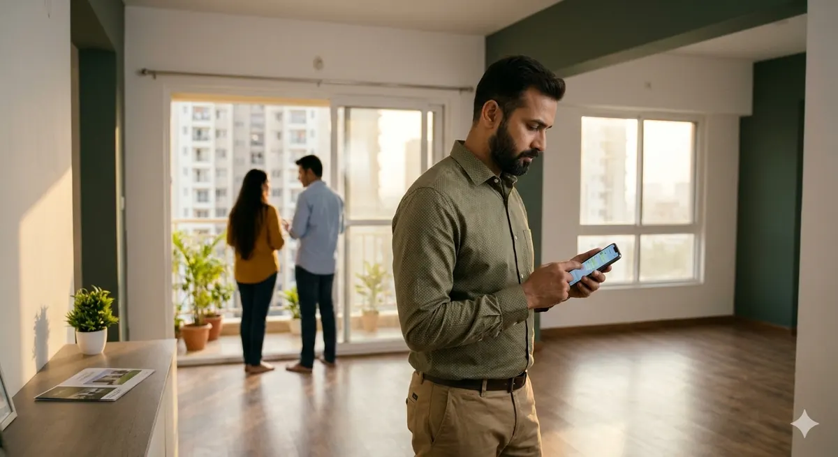 A property broker at a site visit glancing at unread phone notifications while a couple looks at the balcony