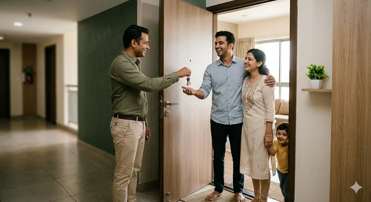 A property broker handing keys to a smiling family at the door of their new apartment