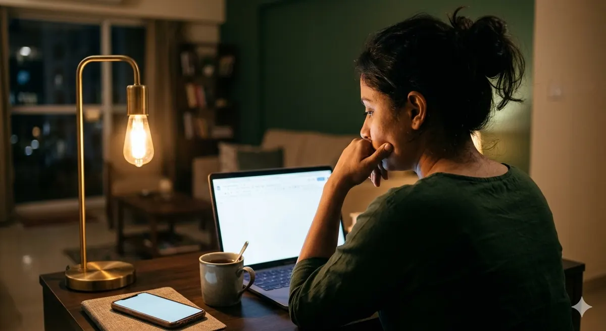 A woman at a desk late at night, staring at a blank document with her phone beside her