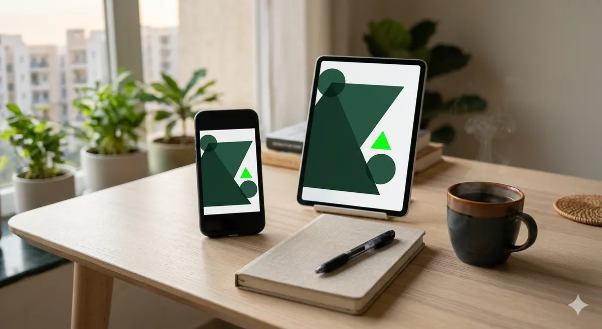 A phone and tablet on a desk showing a green and white PDF cover, next to a notebook and coffee