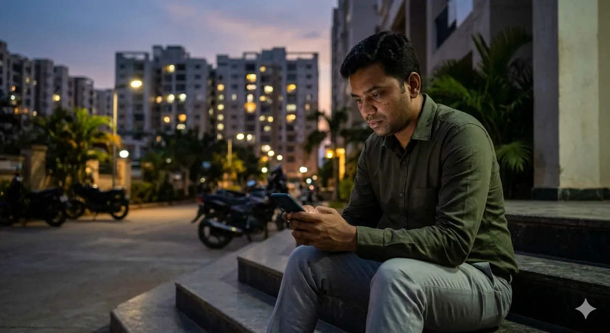 A property broker sitting alone on apartment steps at dusk, waiting for a reply on his phone